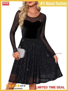 Velvet Tulle Sequin Mini Cocktail Dress Long Sleeve A-Line